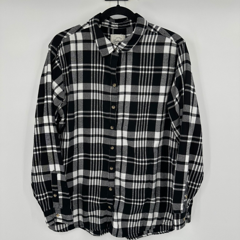 Jachs Girlfriend Women XL Black White Plaid Button Down Shirt Rayon Blend Long S